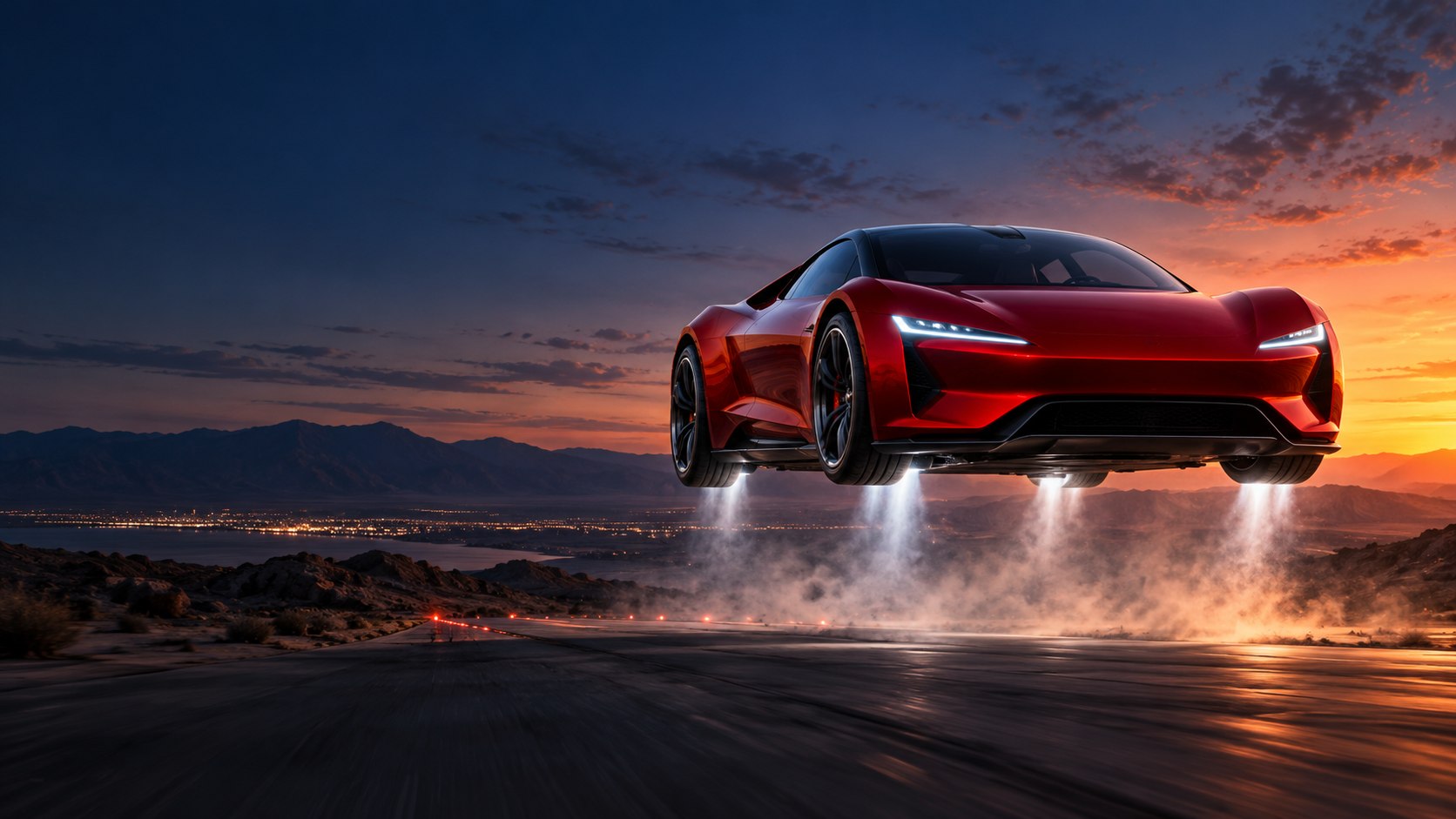 Flying car video generator concept showing a red sports car lifting above a desert road at sunset