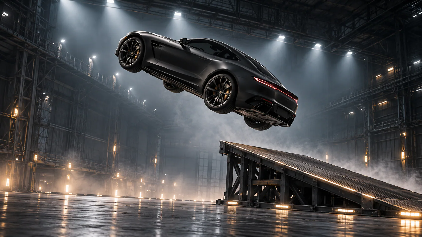 Flying car video example with a matte-black electric GT performing a cinematic ramp jump