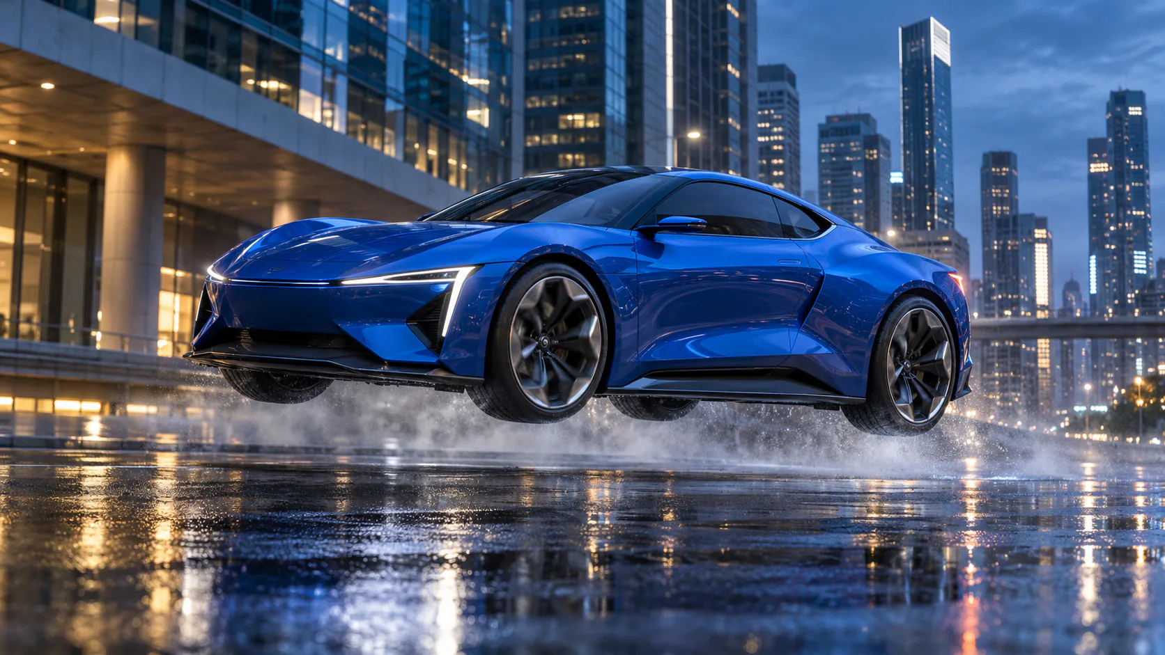 Flying car AI video example with a cobalt-blue coupe above a rain-wet city street