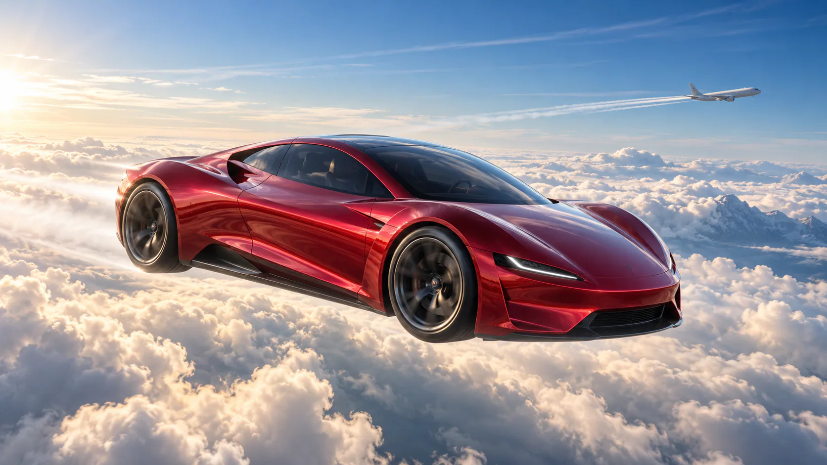Flying car AI video generator example with a next-generation red sports car flying above clouds