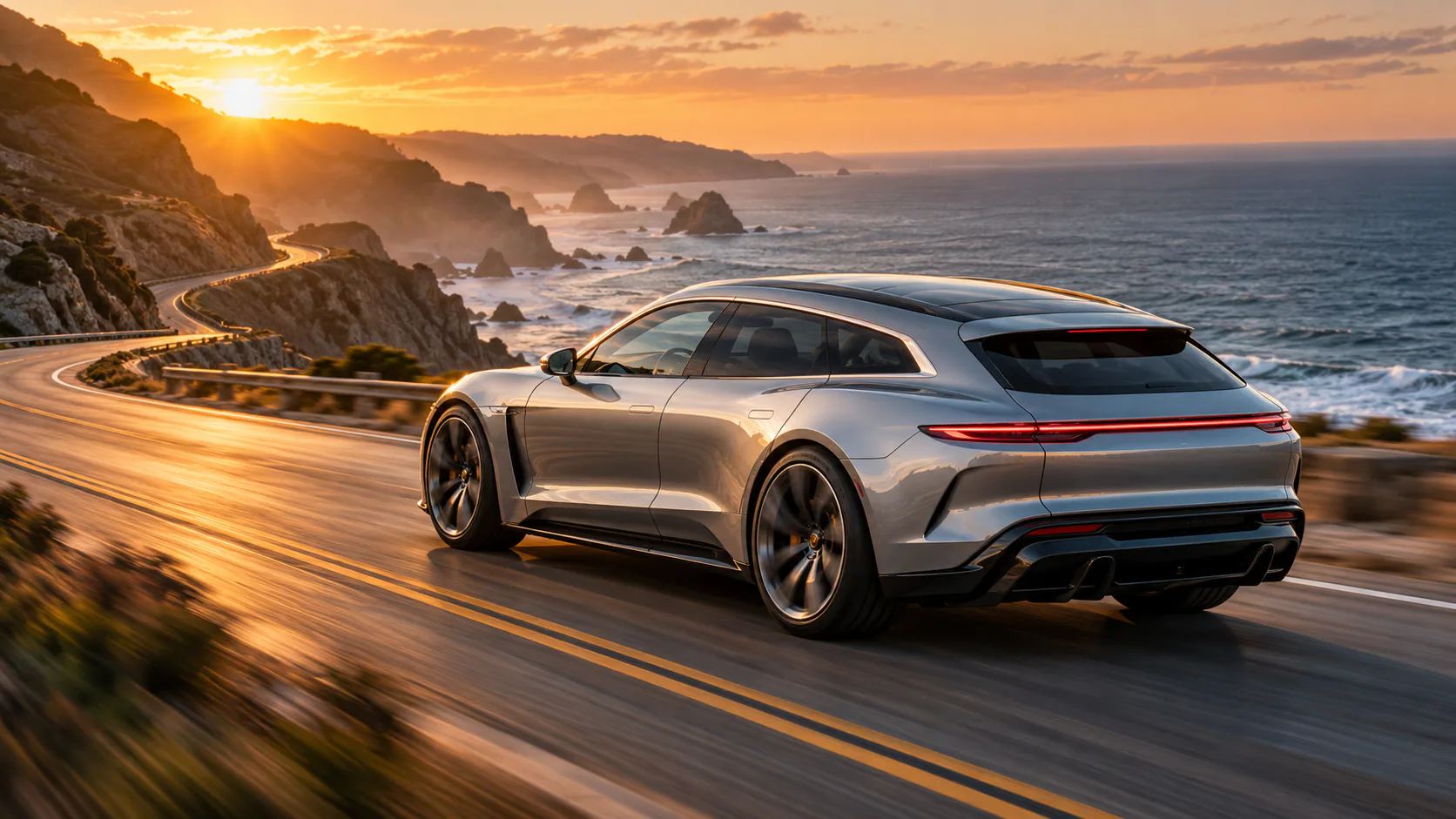 Flying car AI video generator example with a silver shooting-brake on a coastal highway