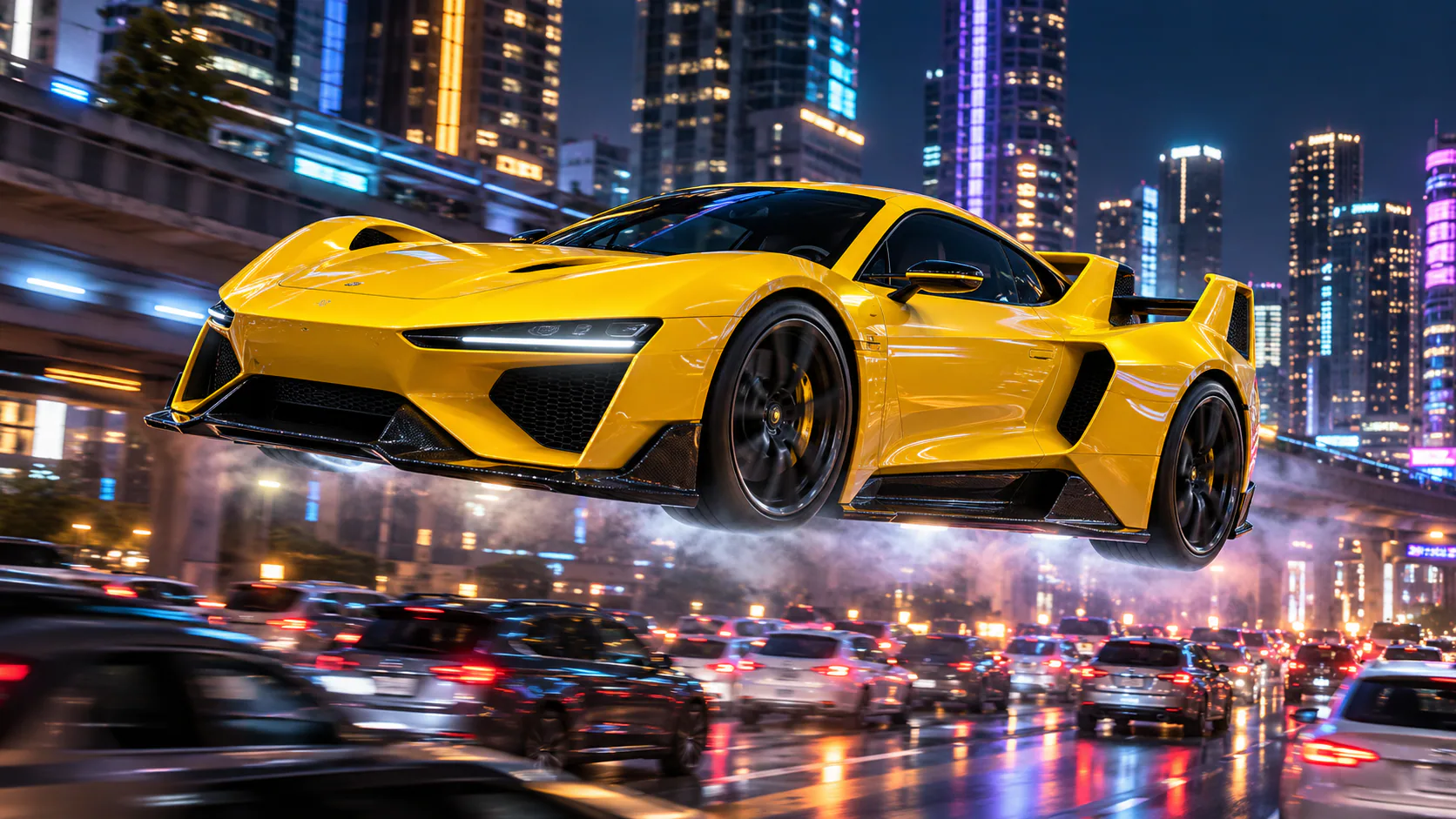 Flying car AI video example with a yellow track coupe escaping neon city traffic