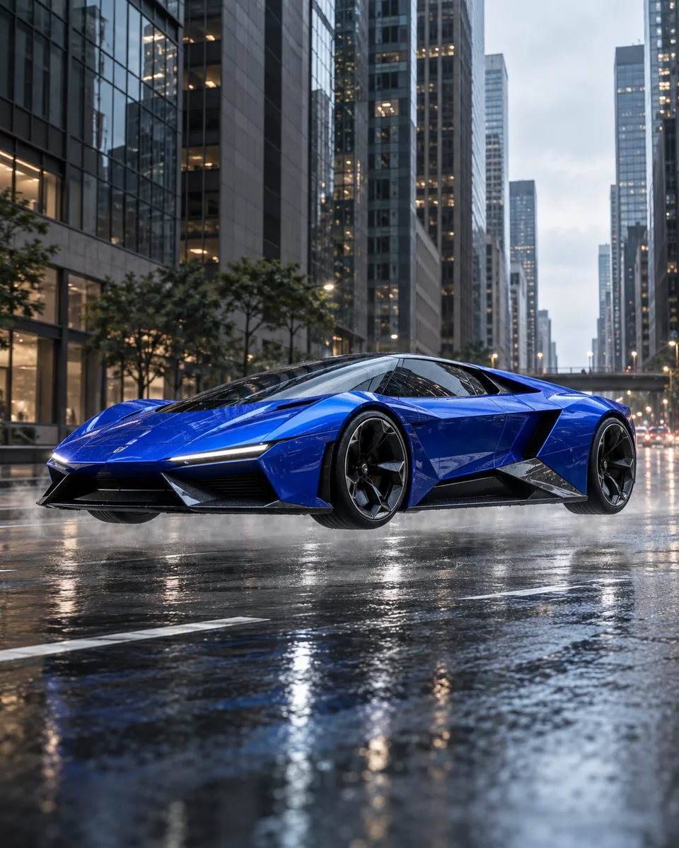 Flying car AI video showcase with a cobalt-blue wedge hypercar above a rain-wet city street