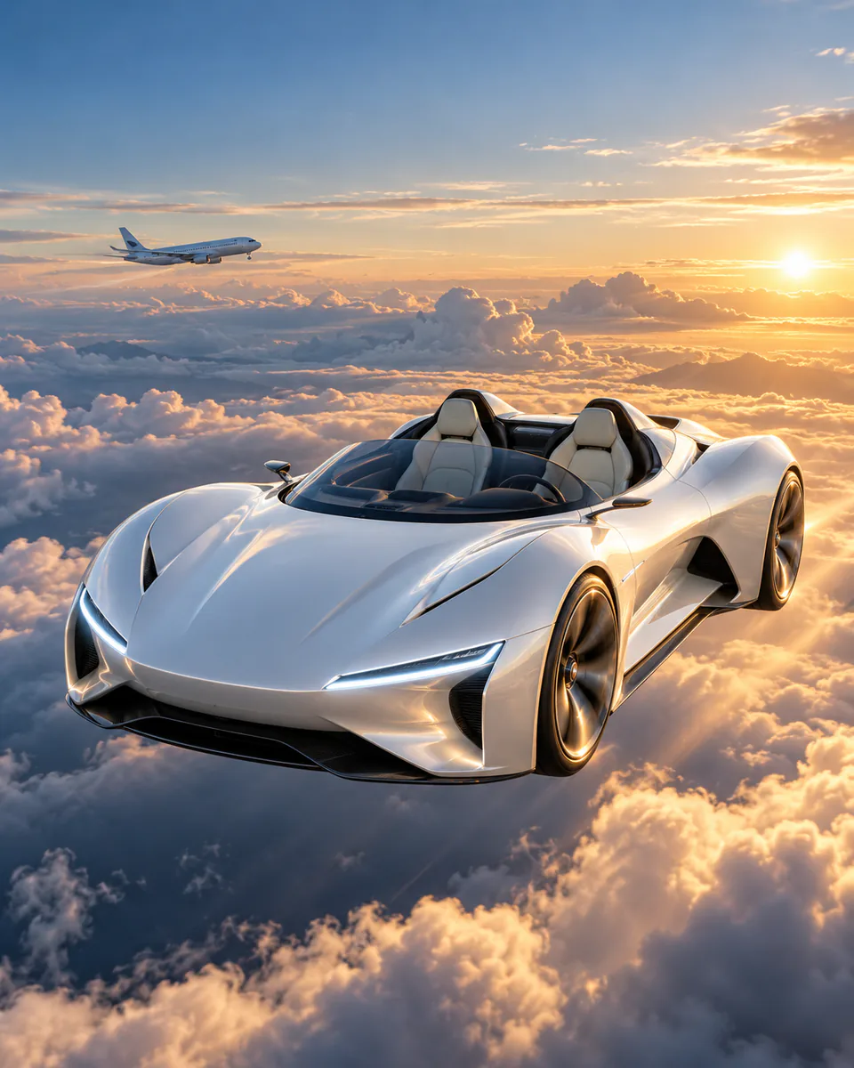 Flying car AI video generator showcase with a pearl-white open-top sports car above sunset clouds