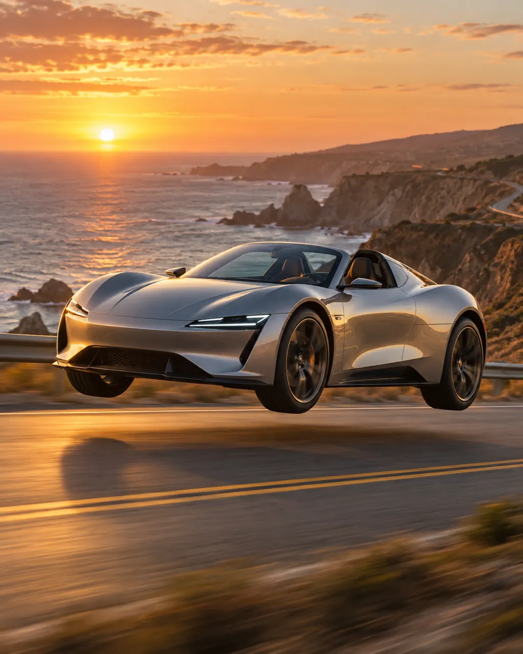 Flying car AI video generator showcase with a silver next-generation sports car lifting above a coastal highway