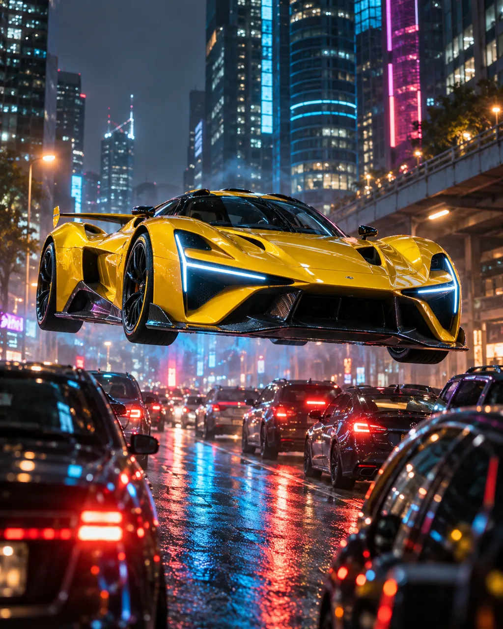 Flying car AI video showcase with a yellow track prototype flying above neon city traffic